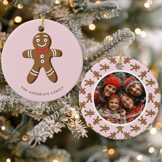 Gingerbread Man Pink Polka Dot Kerstfoto Keramisch Ornament