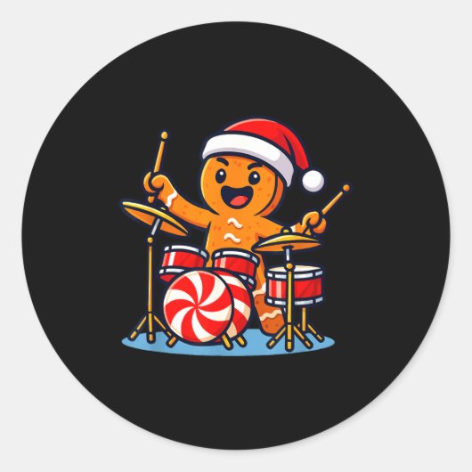 Gingerbread Man Playing Drums Ronde Sticker (Voorkant)
