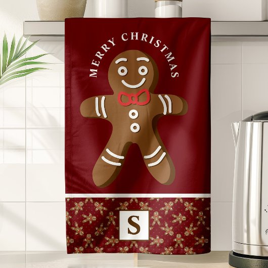 Gingerbread Man Red Monogram Vrolijk Kerstfeest Theedoek