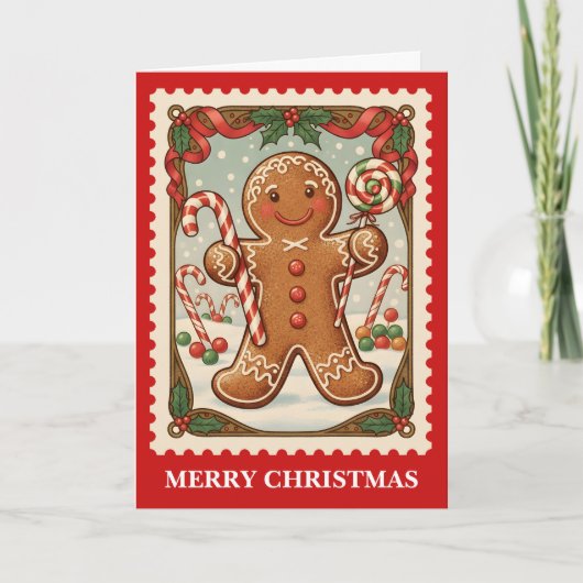 Gingerbread Man Retro Postzegel Kerstmis Feestdagen Kaart (Voorkant)