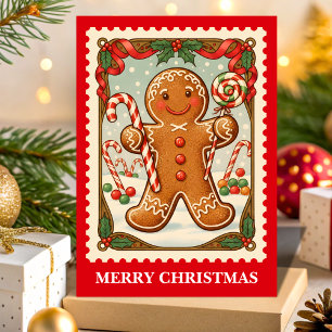 Gingerbread Man Retro Postzegel Kerstmis Feestdagen Kaart