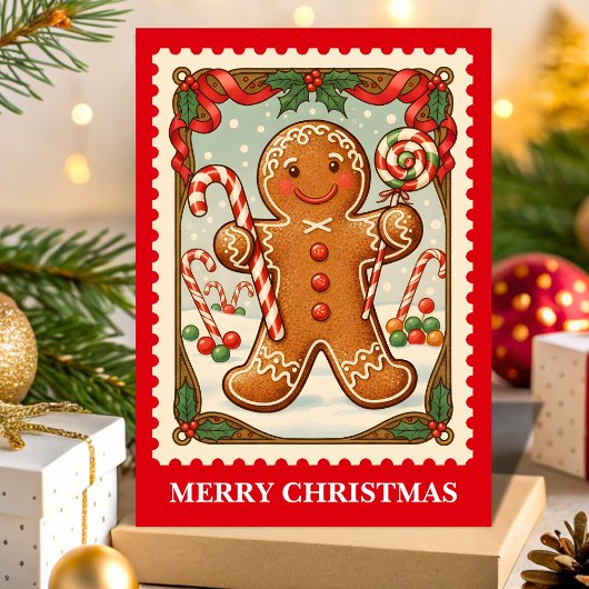 Gingerbread Man Retro Postzegel Kerstmis Feestdagen Kaart