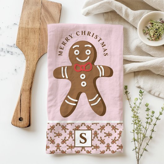 Gingerbread Man Roze Monogram Vrolijk Kerstfeest Theedoek