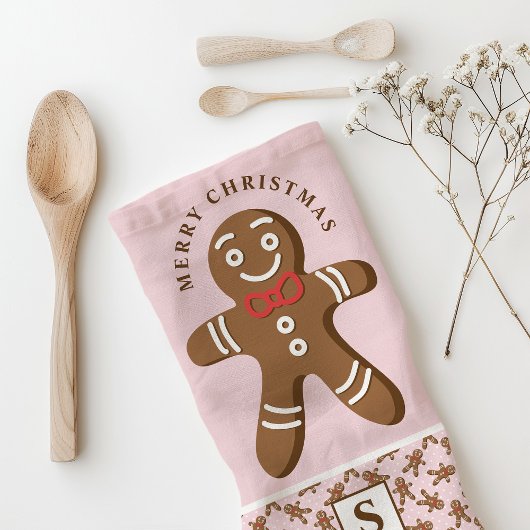 Gingerbread Man Roze Monogram Vrolijk Kerstfeest Theedoek
