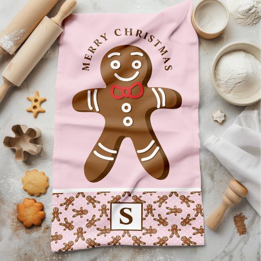 Gingerbread Man Roze Monogram Vrolijk Kerstfeest Theedoek