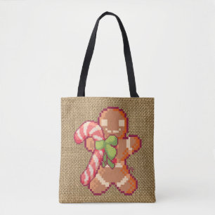 Gingerbread man, Santa, Christmas, Pixel Art Tote Bag