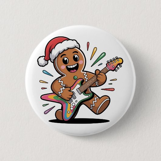 Gingerbread Man speelt gitaar elektrische kerstman Ronde Button 5,7 Cm (Voorkant)