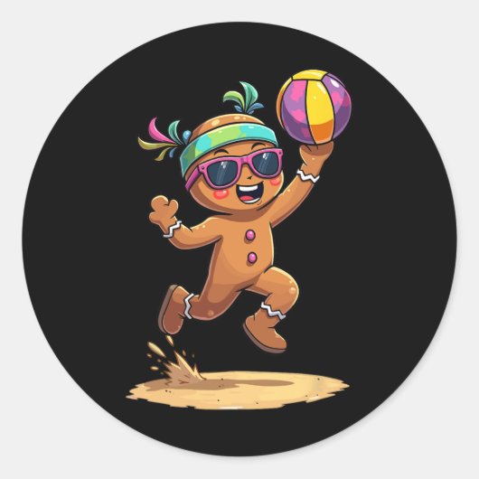 Gingerbread Man spelen volleybal Kerstmis Kerstmis Ronde Sticker (Voorkant)