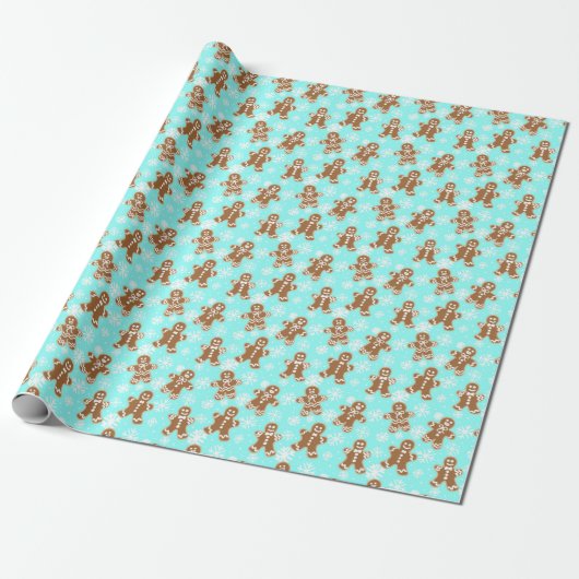 Gingerbread Mannen Blauw Sneeuwvlok Patroon Cadeaupapier (Uitgerold)