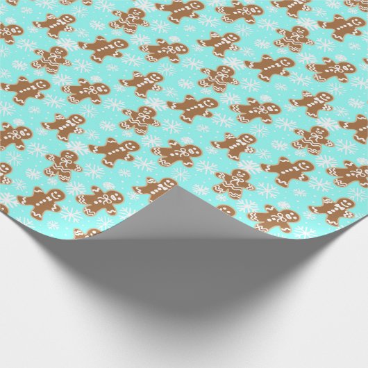 Gingerbread Mannen Blauw Sneeuwvlok Patroon Cadeaupapier (Hoek)