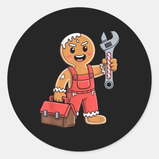 Gingerbread Mechanic Handyman Fixer Worker Christm Ronde Sticker (Voorkant)