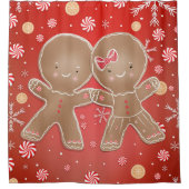 Gingerbread Meisje Jongen Pepermunt Vakantie Kerst Douchegordijn (Voorkant)