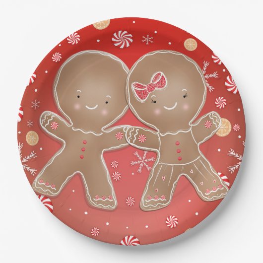 Gingerbread Meisje Jongen Pepermunt Vakantie Kerst Papieren Bordje (Voorkant)
