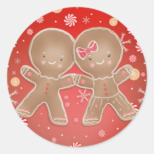 Gingerbread Meisje Jongen Pepermunt Vakantie Kerst Ronde Sticker