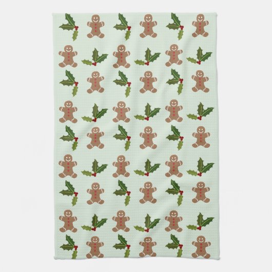 Gingerbread Men and Holly Pattern Theedoek (Verticaal)