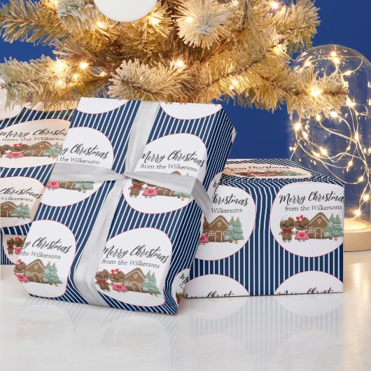 Gingerbread Mensen Vrolijk Kerstmis Blauw Gestreep Cadeaupapier (Feestdagen)