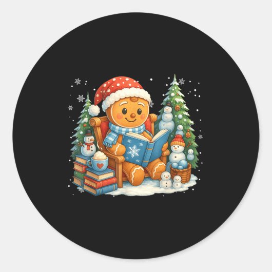 Gingerbread Reading Book Lovers Christmas Bookworm Ronde Sticker (Voorkant)