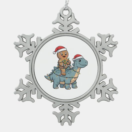 Gingerbread rijden op een dinosaurus Kerstman Tin Sneeuwvlok Ornament (Voorkant)