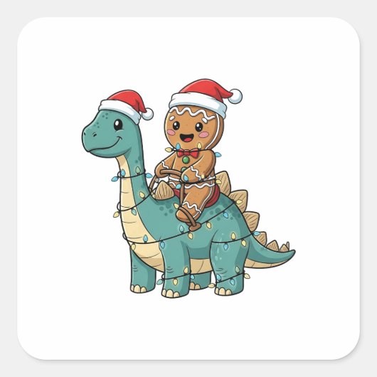Gingerbread rijden op een dinosaurus Kerstman Vierkante Sticker (Voorkant)