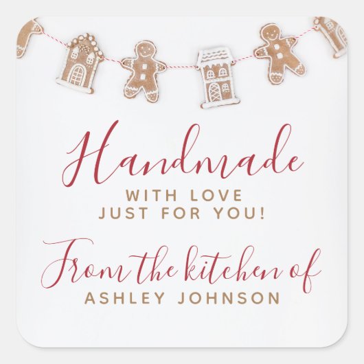 GINGERBREAD Rood Handgemaakt Met Liefde Vierkante Sticker (Voorkant)