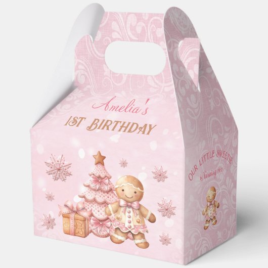 Gingerbread Roze Kerstmis 1e verjaardag Groot Bedankdoosjes (Achterkant)