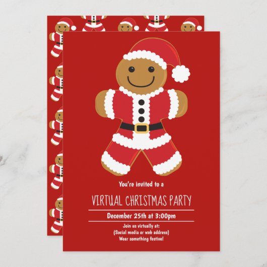 Gingerbread Santa Red Virtual Christmas Party Kaart (Voorkant / Achterkant)