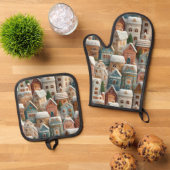 Gingerbread Snow Frosted Village Kitchen Ovenwant & Pannenlap Set (Top down)