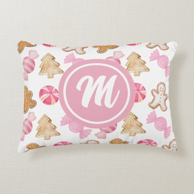 Gingerbread & Sugarplum Roze Monogram Patroon Accent Kussen (Voorkant)