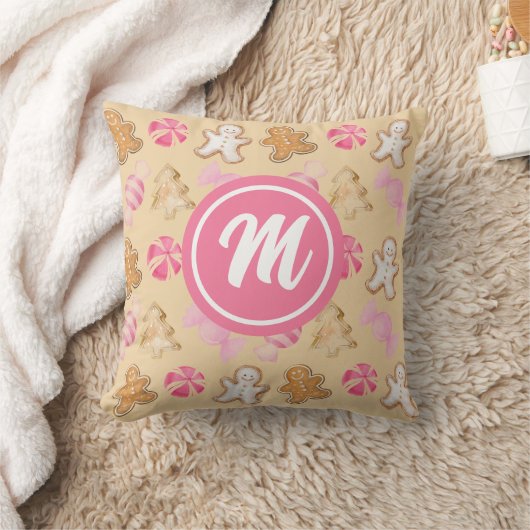 Gingerbread & Sugarplum Roze Monogram Patroon Kussen (Deken)