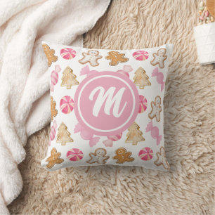 Gingerbread & Sugarplum Roze Monogram Patroon Kussen