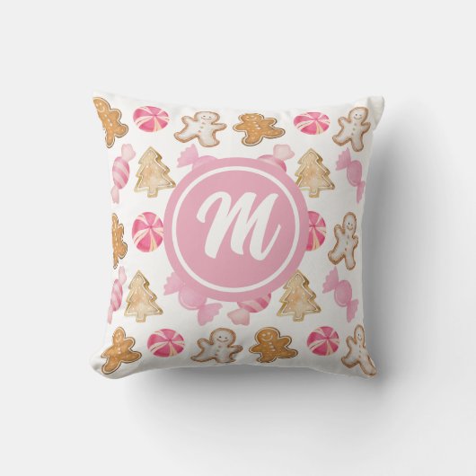 Gingerbread & Sugarplum Roze Monogram Patroon Kussen (Voorkant)