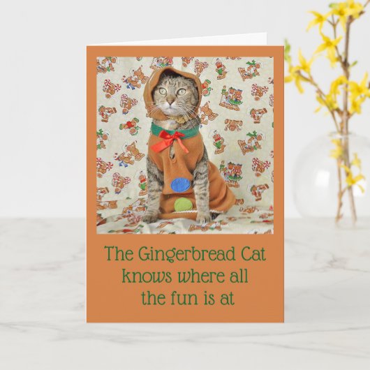 Gingerbread Tabby Cat Christmas Kaart (Gele Bloem)