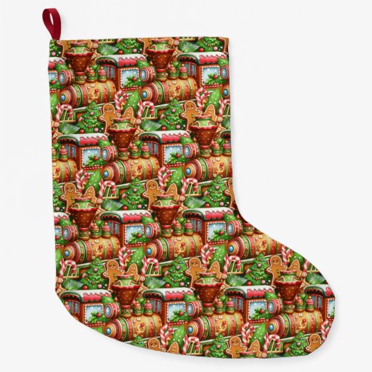Gingerbread Train Holiday Christmas Stocking Grote Kerstsok (Voorkant)