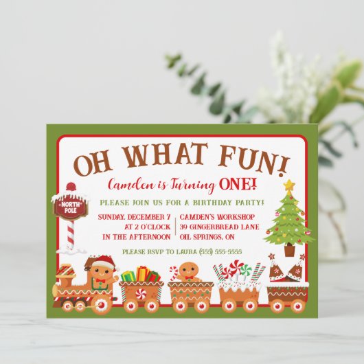 Gingerbread Train, oh wat leuk! 1e verjaardagsfees Kaart (Staand voorkant)