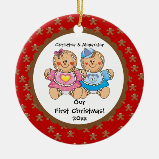 Gingerbread Twins Kerstbal voor de eerste kerst Keramisch Ornament (Voorkant)