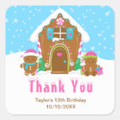 Gingerbread Verjaardagsfeestje Blauw Roze Dank u Vierkante Sticker (Voorkant)