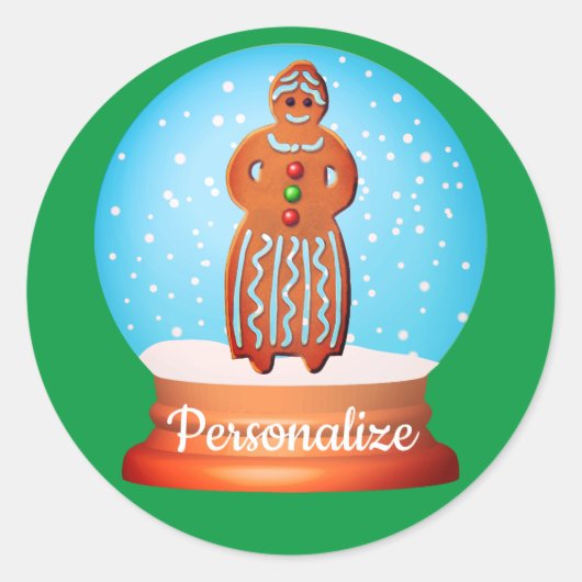 Gingerbread vrouw koekje sneeuw wereldbol groen ronde sticker (Voorkant)