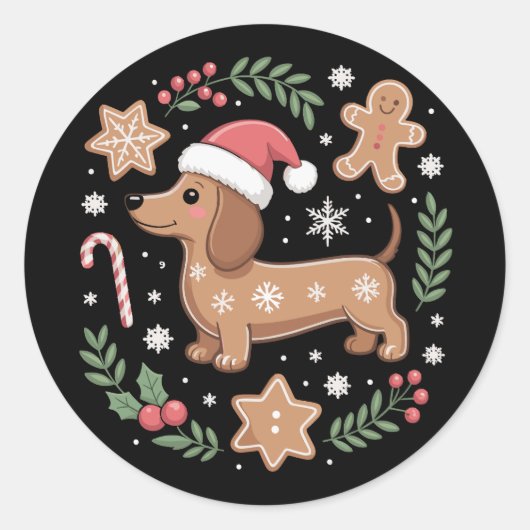 Gingerbread Weiner Hondenliefhebber Teckel Kerst Ronde Sticker (Voorkant)