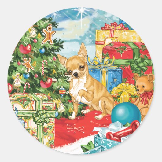 Gingerbread Wishes Chihuahua Kerstkunst Ronde Sticker (Voorkant)