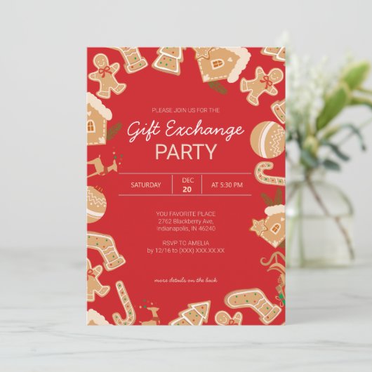 Gingerbread Xmas Gift Exchange Vakantie Party Kaart (Staand voorkant)