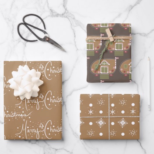 Gingerbreadhuis Kerstsneeuwvlokken Bruin Inpakpapier Vel (Voorkant)