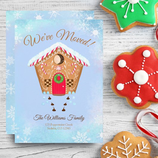 Gingerbreadhuis met chocolade kussen verhuizing aankondiging