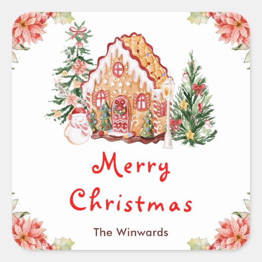 Gingerbreadhuis Rode Kerstmis Vierkante Sticker (Voorkant)