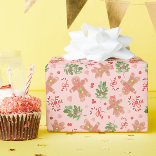 Gingerbreads en Holly PINK Cadeaupapier (Verjaardagsfeest)