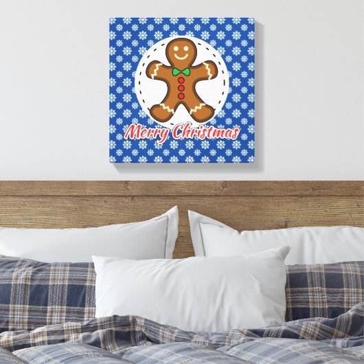 Gingerbrood - Blauw Snowflakes Patroon - Merry Xma Canvas Afdruk (Insitu (Slaapkamer))