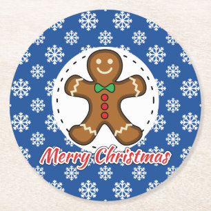 Gingerbrood - Blauw Snowflakes Patroon - Merry Xma Ronde Kartonnen Onderzetter