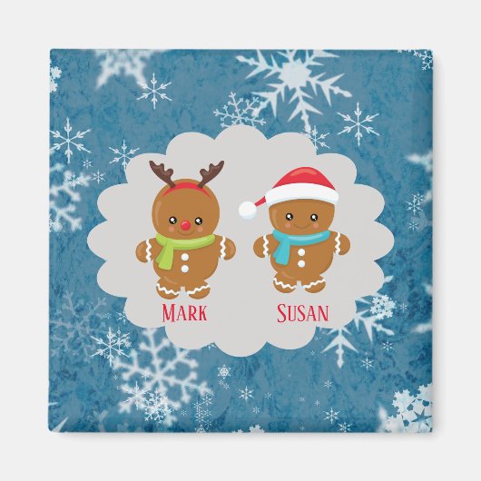 Gingerbrood Cookie Couple met Names Snowflakes Magneet (Voorkant)
