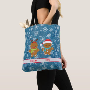 Gingerbrood Cookie Couple met Names Snowflakes Tote Bag