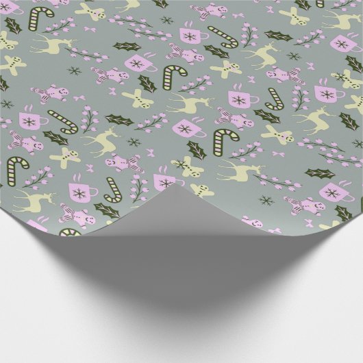 Gingerbrood Deer Candycane Greenery Kerstmis Cadeaupapier (Hoek)