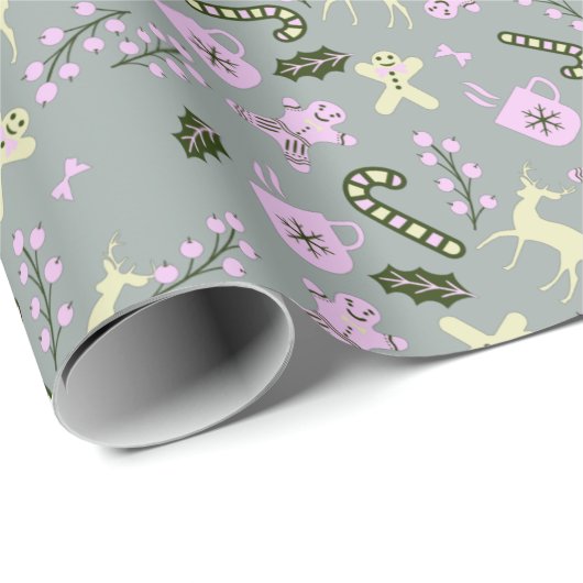 Gingerbrood Deer Candycane Greenery Kerstmis Cadeaupapier (Rol Hoek)